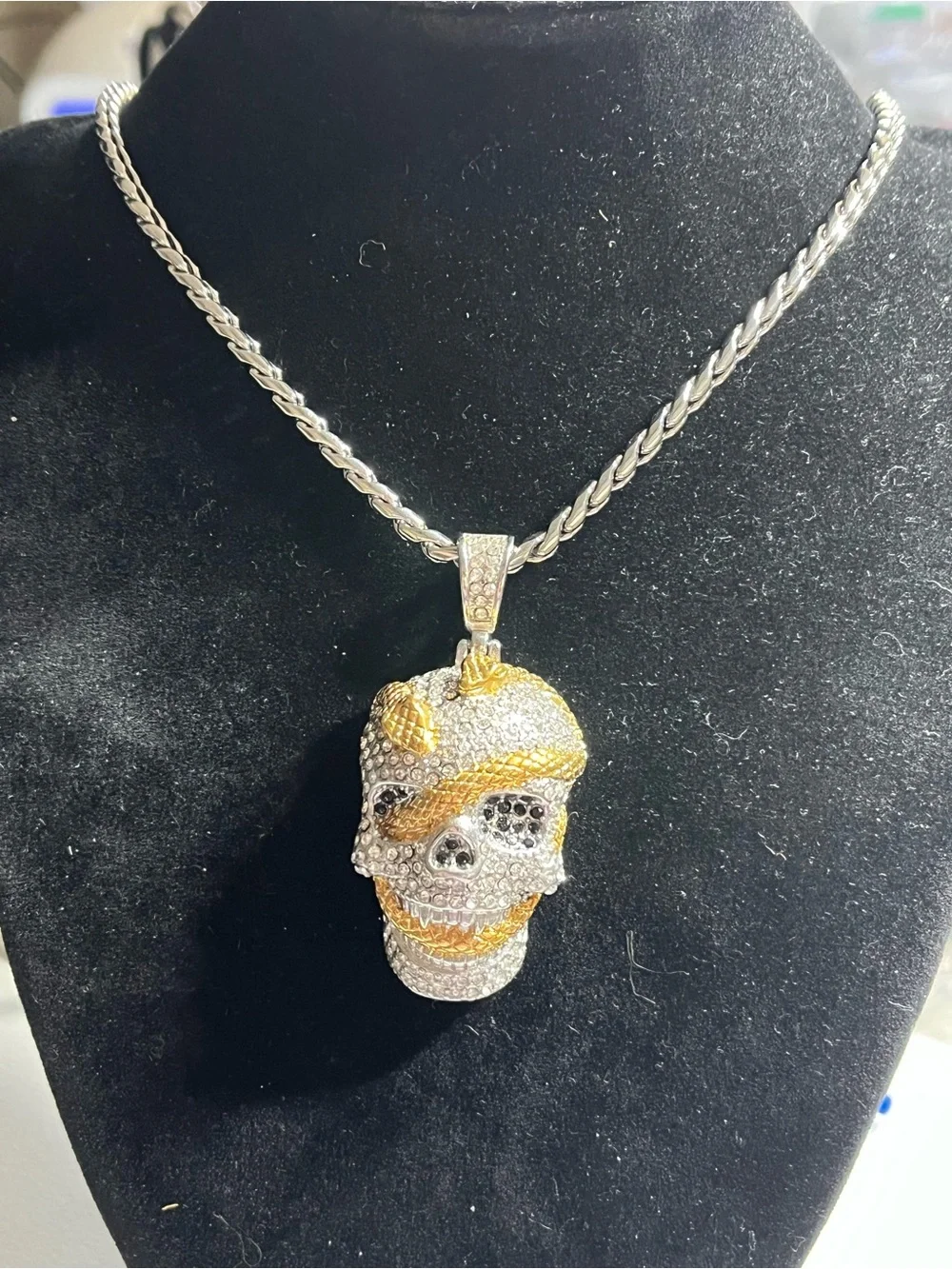 24” Stainless Steel Wheat Chain w/Iced Out Two-Tone Copper Pendant